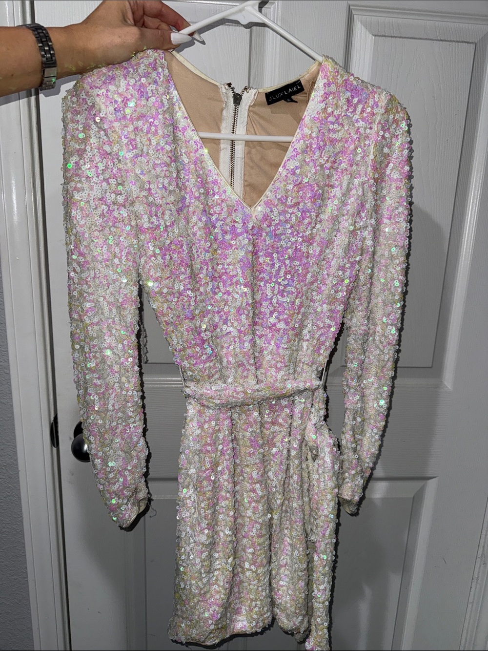 JLUXLABEL Iridescent Sequin Long Sleeve Mini Dress in White